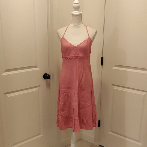 J. Crew Dresses & Skirts - J. Crew Women's 4 Pink 100% Linen V-Neck Halter Midi Tie Dress Barbie Vintage